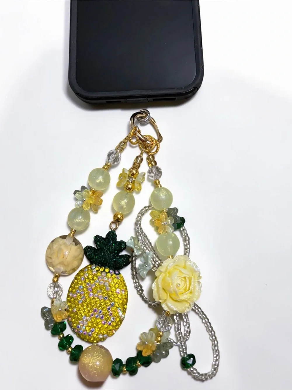 Yellow Pineapple Bead Phone Charm with Rose and Crystal Accents